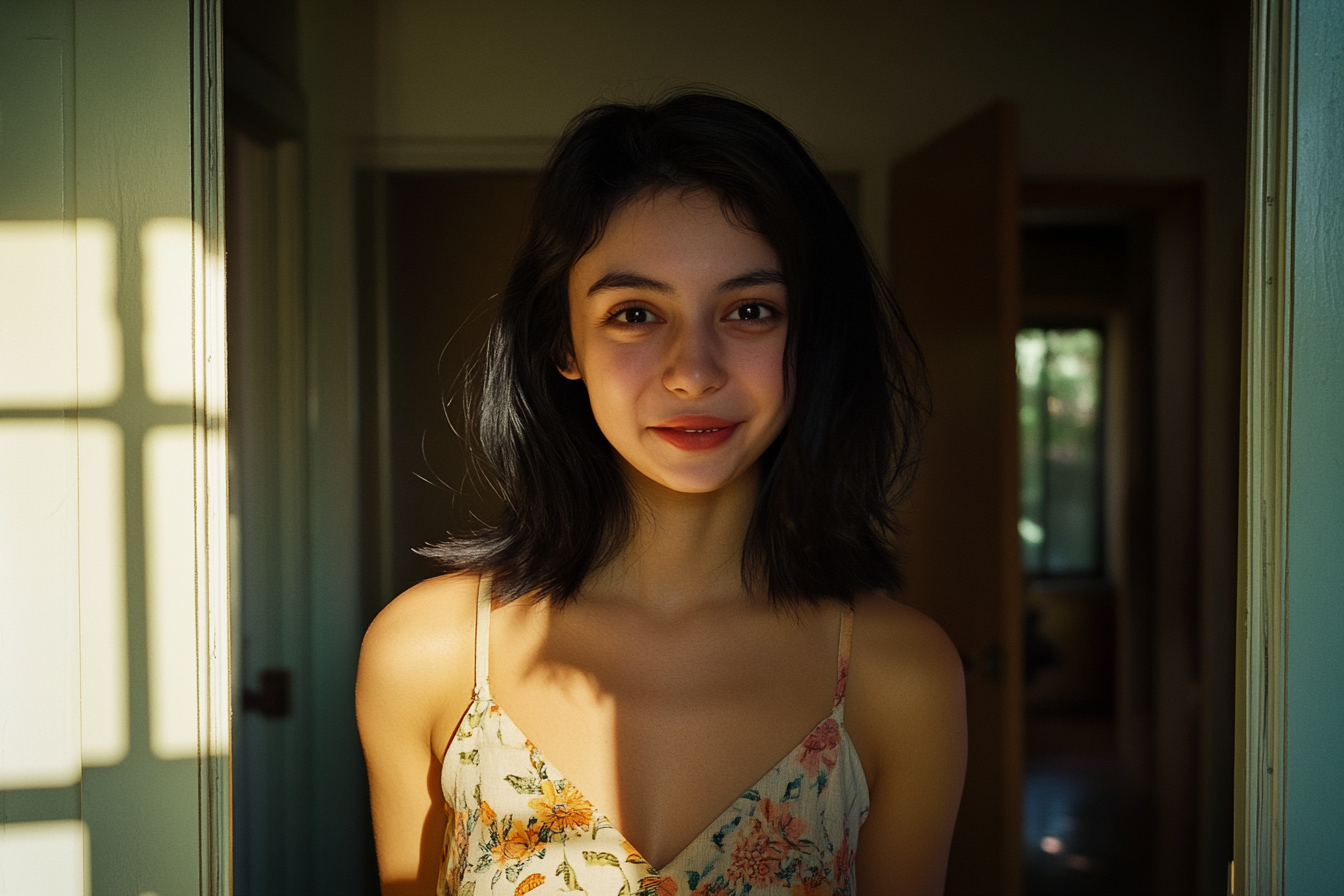 Femme de 18 ans souriant dans l'embrasure d'une maison | Source : Midjourney