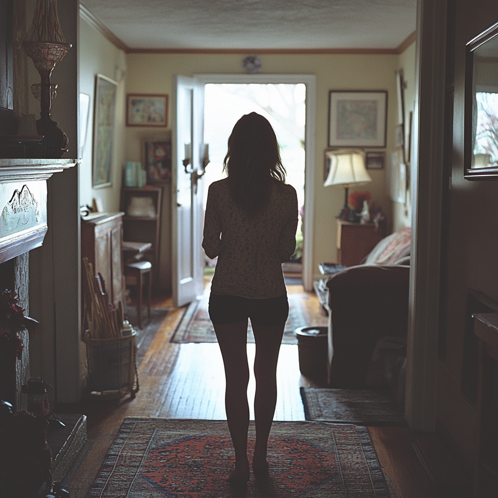 Une femme bouleversée quittant une maison miteuse | Source : Midjourney