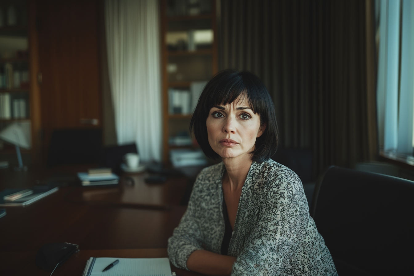 Une femme assise à un bureau dans un cabinet d'avocat | Source : Midjourney