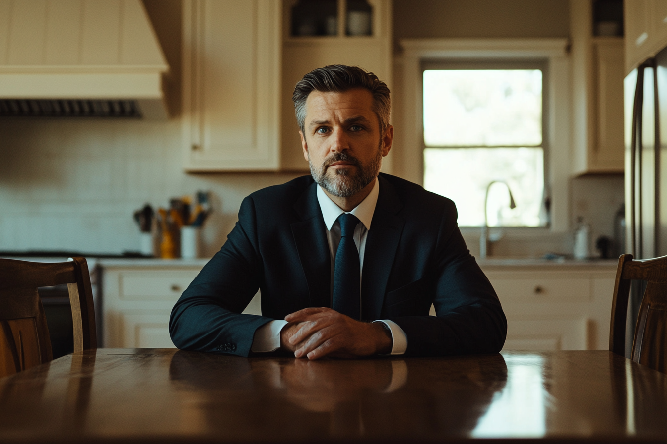 Un homme sérieux assis à une table de cuisine | Source : Midjourney