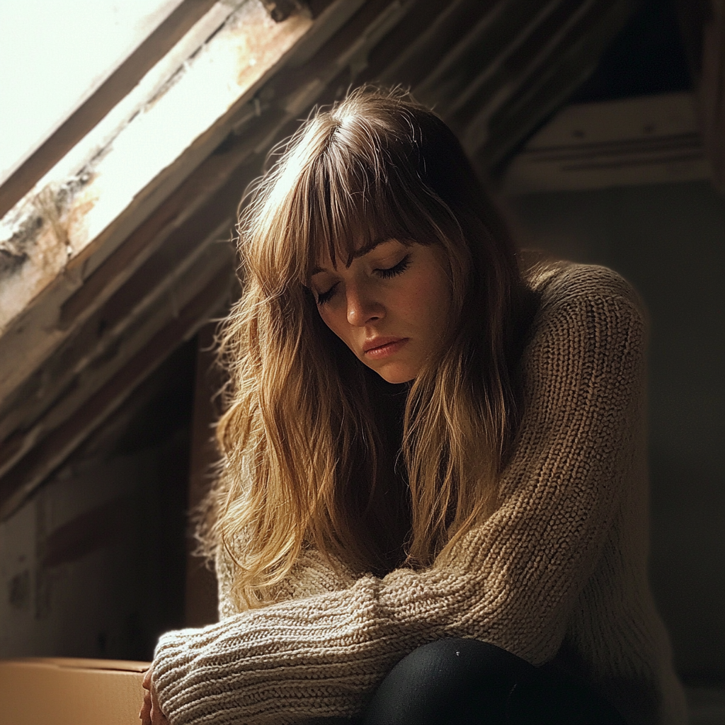 Une femme bouleversée assise dans un grenier | Source : Midjourney