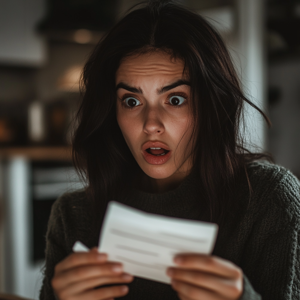 Une femme choquée qui regarde une note | Source : Midjourney