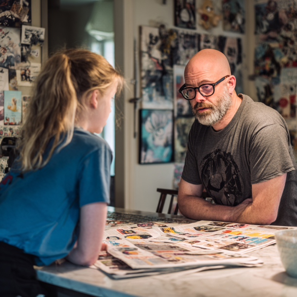 Un père qui parle à sa fille dans la cuisine | Source : Midjourney
