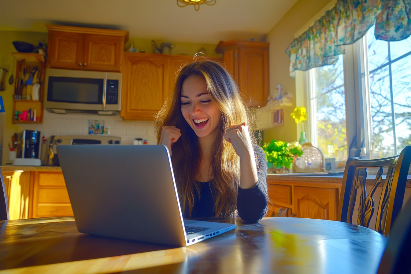 Une femme heureuse qui regarde l'écran d'un ordinateur portable | Source : Midjourney