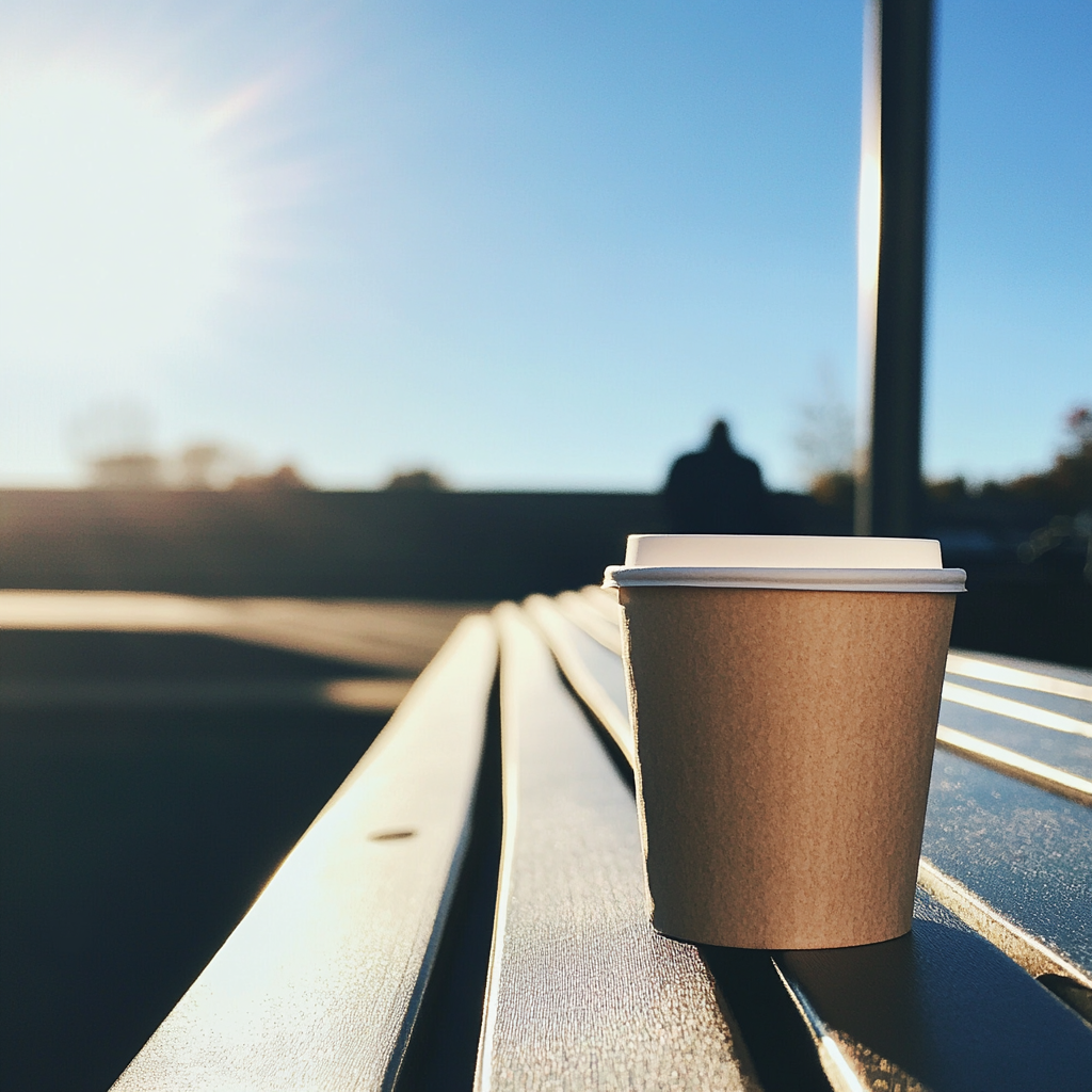 Une tasse de café sur un banc | Source : Midjourney