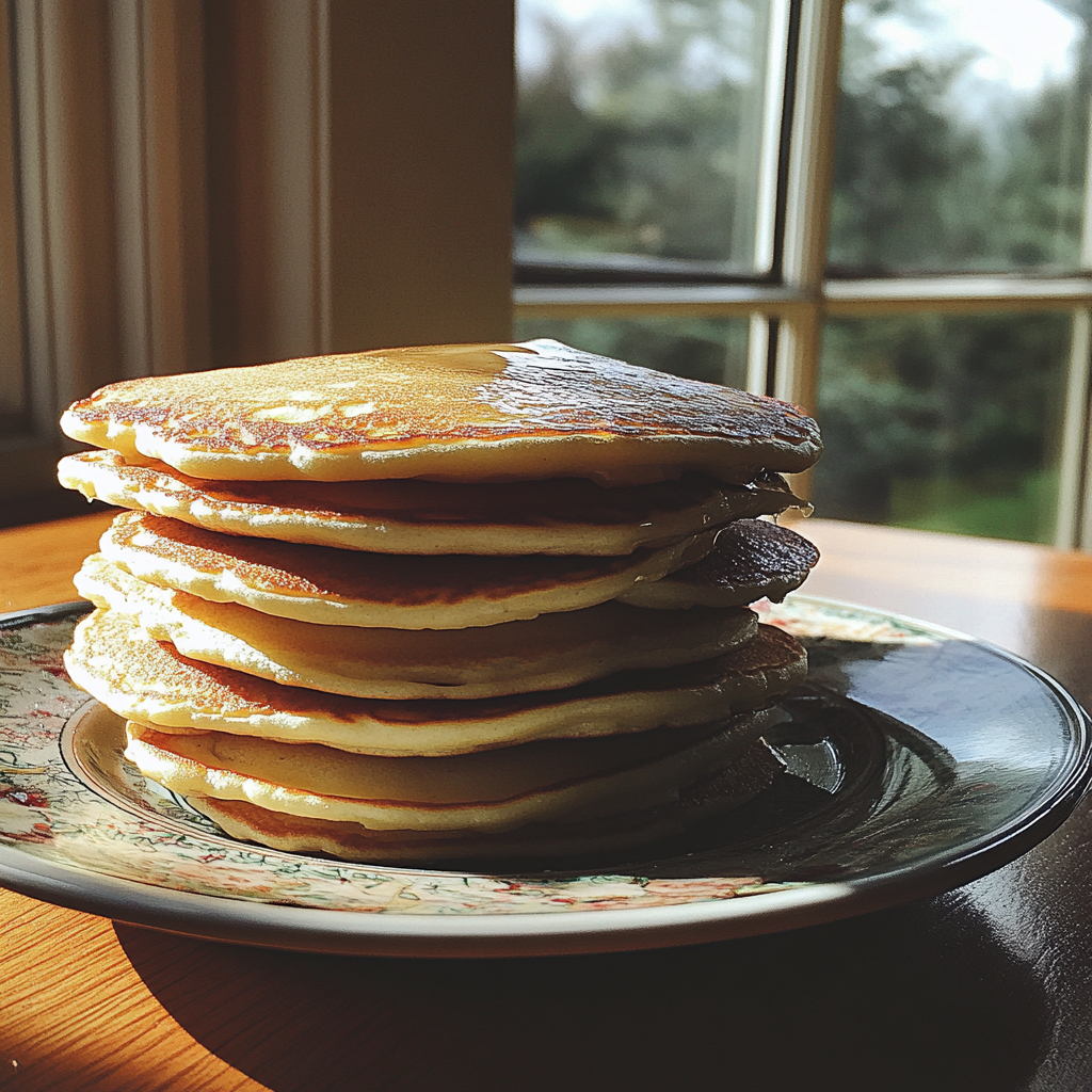 Une pile de crêpes sur une assiette | Source : Midjourney