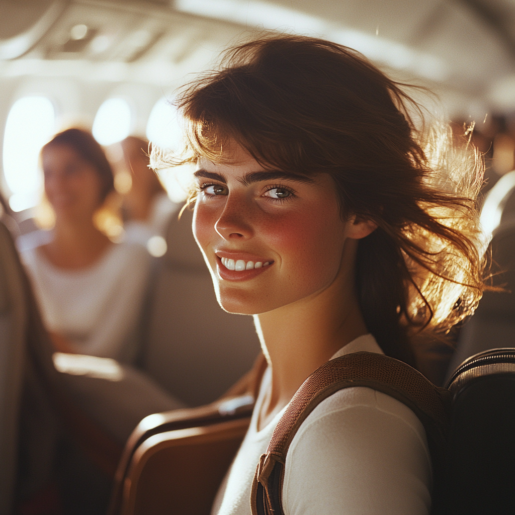 A happy woman gathering her luggage before disembarking a plane | Source: Midjourney