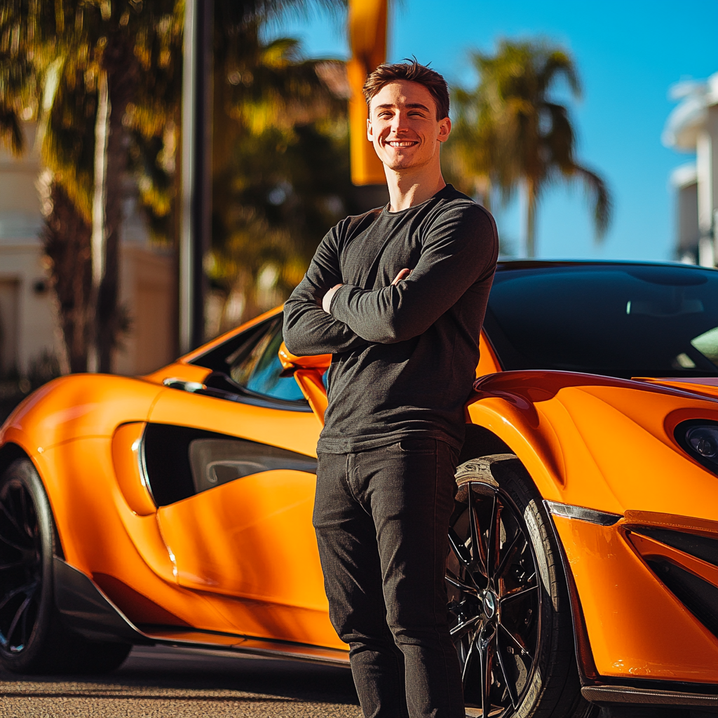 Un jeune homme debout à côté d'une voiture de sport | Source : Midjourney