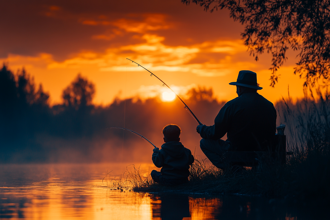 Silhouette d'un petit garçon qui pêche avec son grand-père près d'un lac | Source : Midjourney