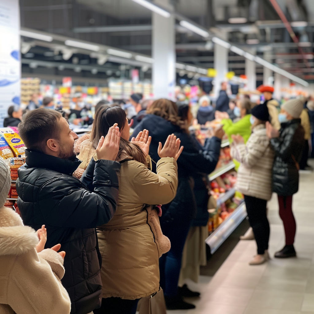 La foule dans un supermarché applaudit | Source : Midjourney