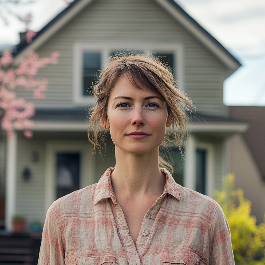 Une femme debout devant sa maison | Source : Midjourney