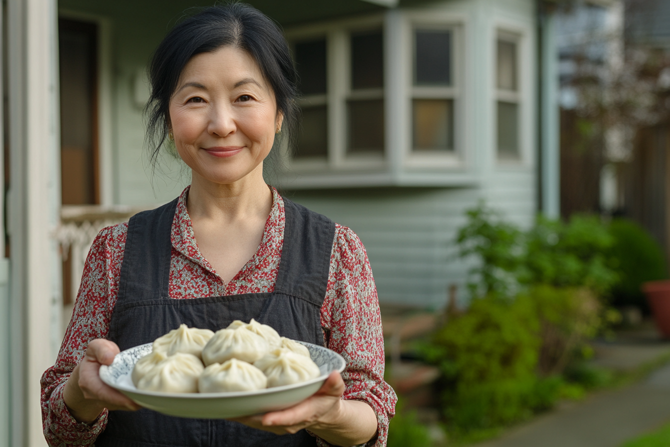 Une femme tenant une assiette de boulettes de pâte | Source : Midjourney