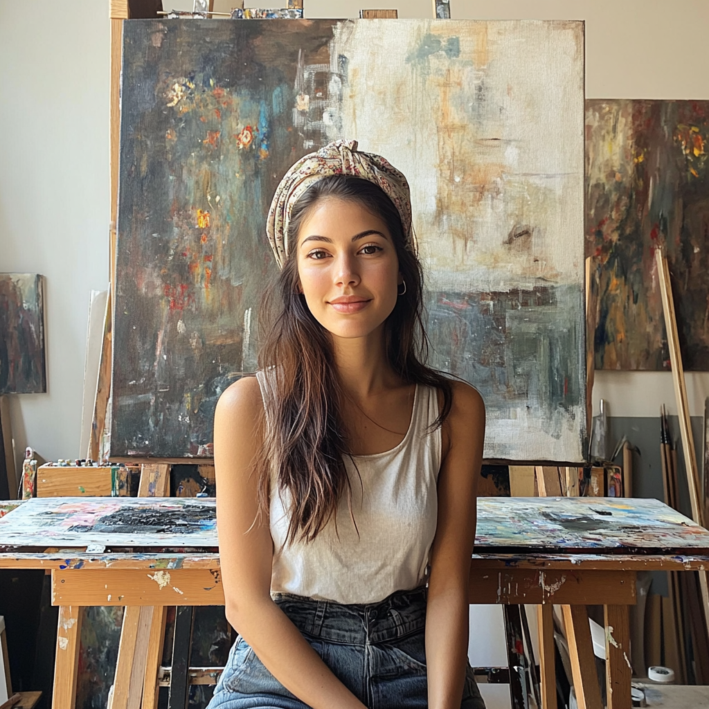 Une artiste souriante dans son atelier | Source : Midjourney