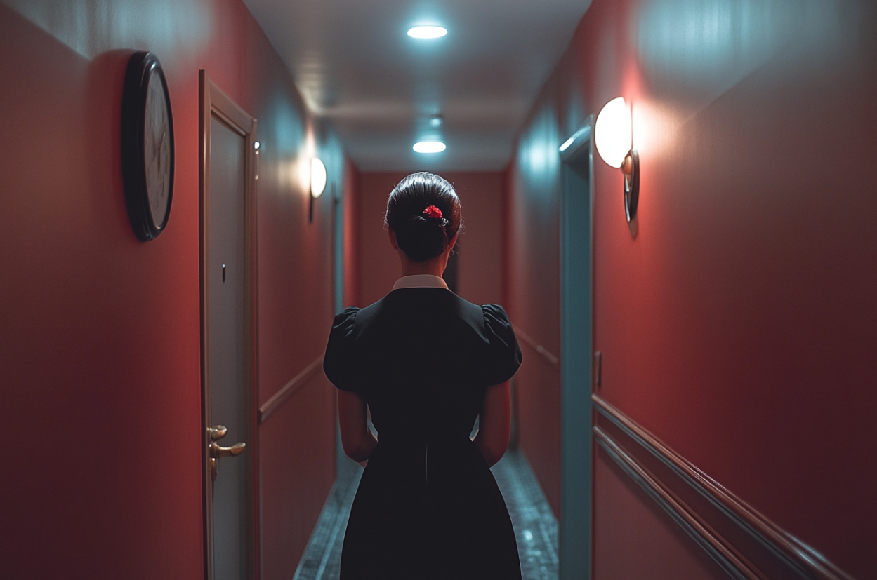 Une femme de chambre d'hôtel debout dans un couloir | Source : Midjourney