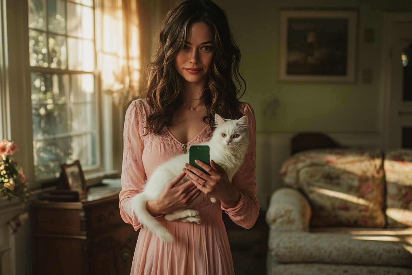 Une femme debout dans un salon, tenant un chat et un téléphone, souriante | Source : Midjourney