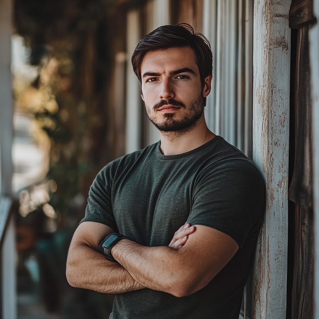 Un homme sérieux debout, les mains croisées | Source : Midjourney