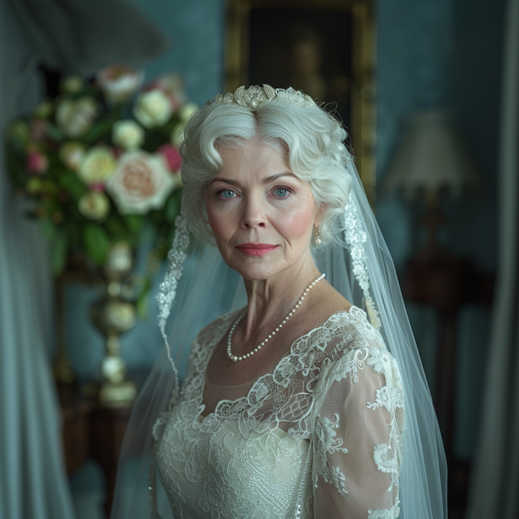 An elderly woman in her wedding dress | Source: Midjourney