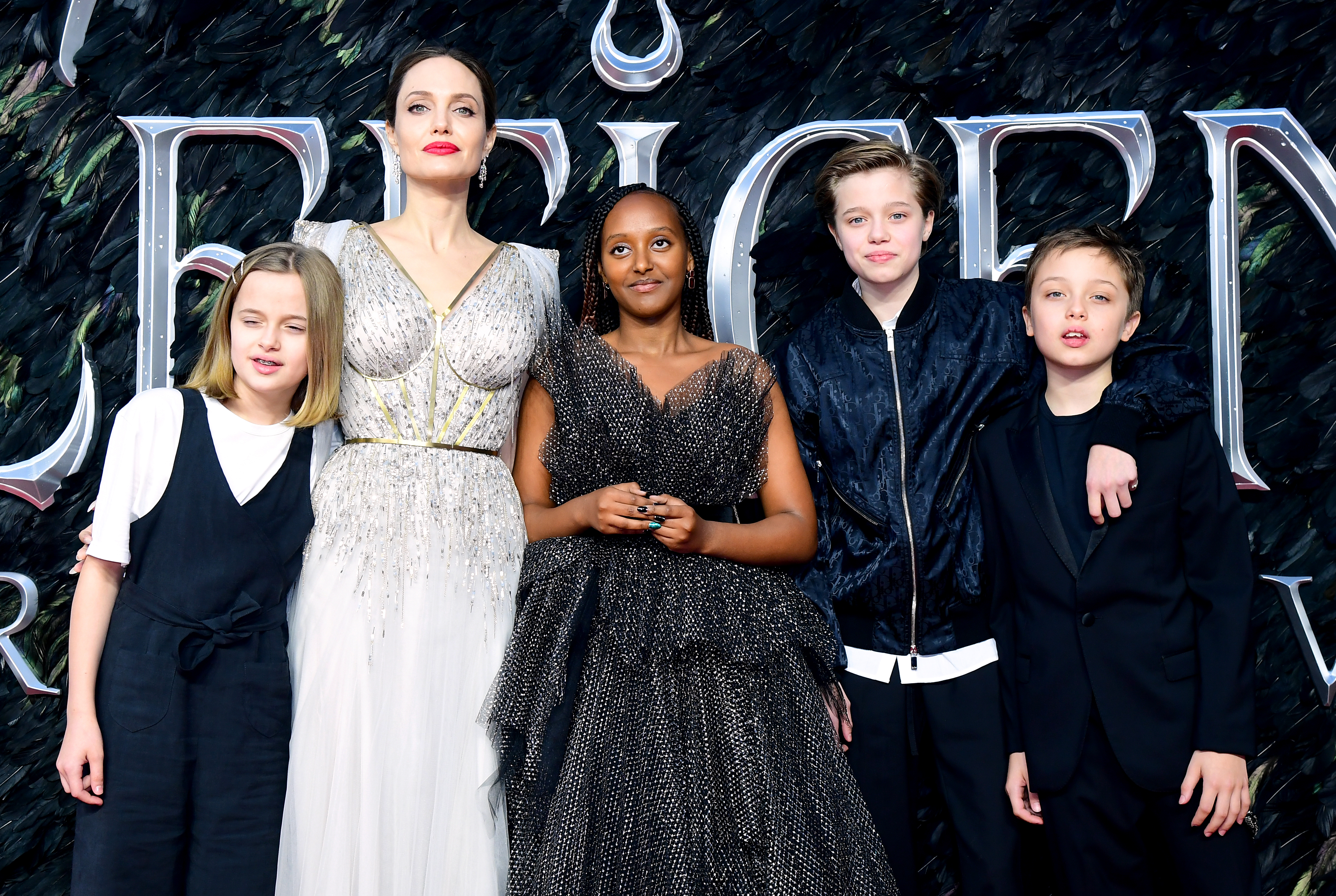 Vivienne Jolie-Pitt, Zahara Jolie-Pitt, Shiloh Jolie-Pitt et Knox Jolie-Pitt assistent à la première européenne de Maléfique qui s'est tenue à l'Imax Waterloo à Londres le mercredi 9 octobre 2019.