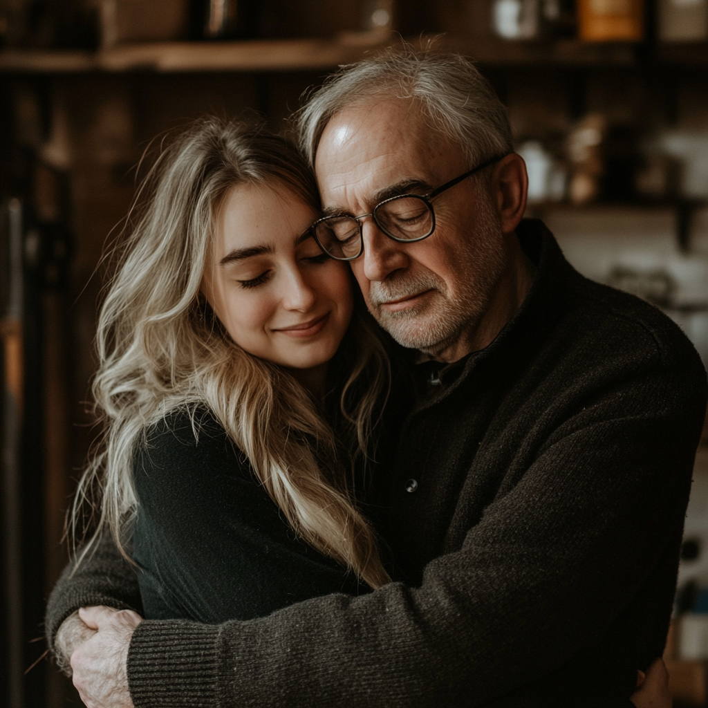 Un père serrant sa fille dans ses bras | Source : Midjourney