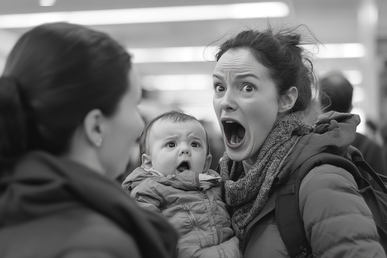 Femme déçue criant après sa sœur dans un aéroport | Source : Midjourney