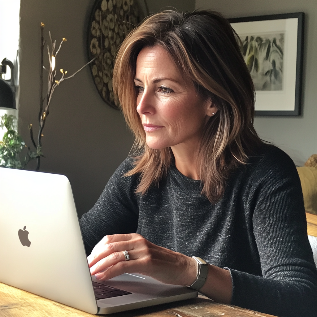 Une femme assise devant son ordinateur portable | Source : Midjourney