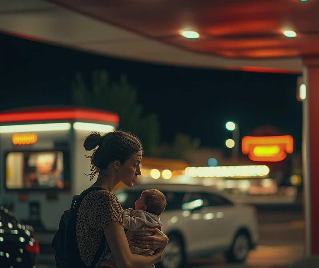 Femme frustrée portant son bébé | Source : Midjourney