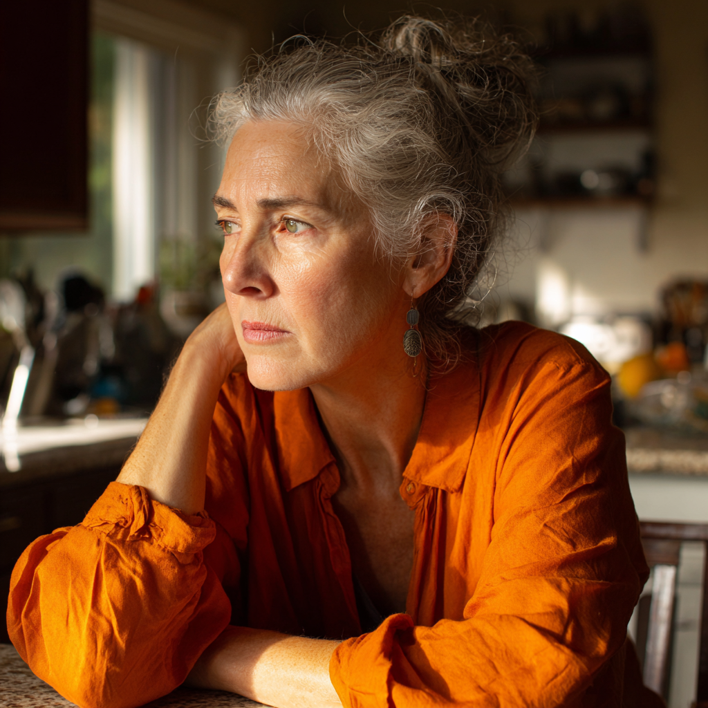 Une femme âgée inquiète assise à une table | Source : Midjourney