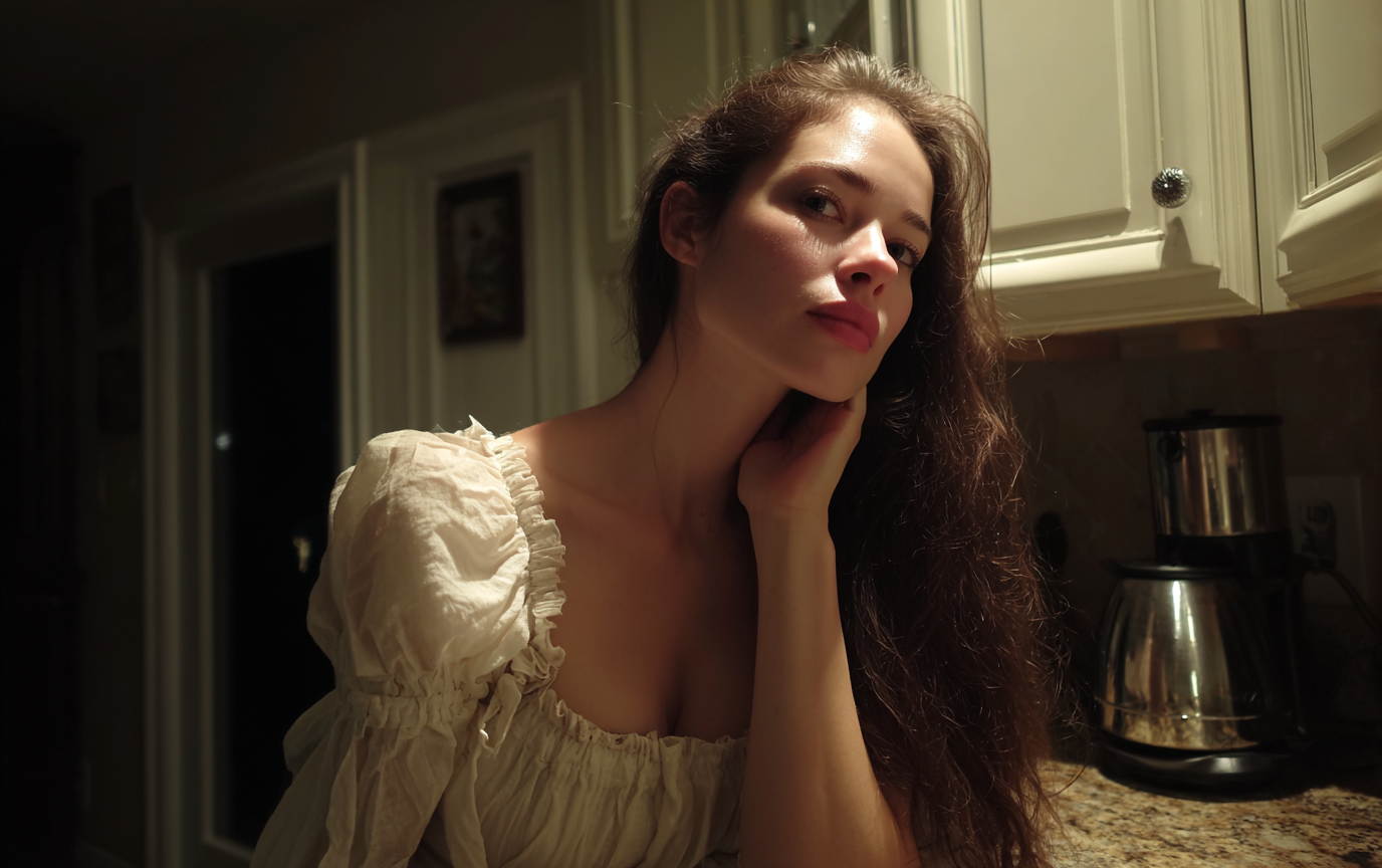 Une femme appuyée sur un comptoir de cuisine | Source : Midjourney