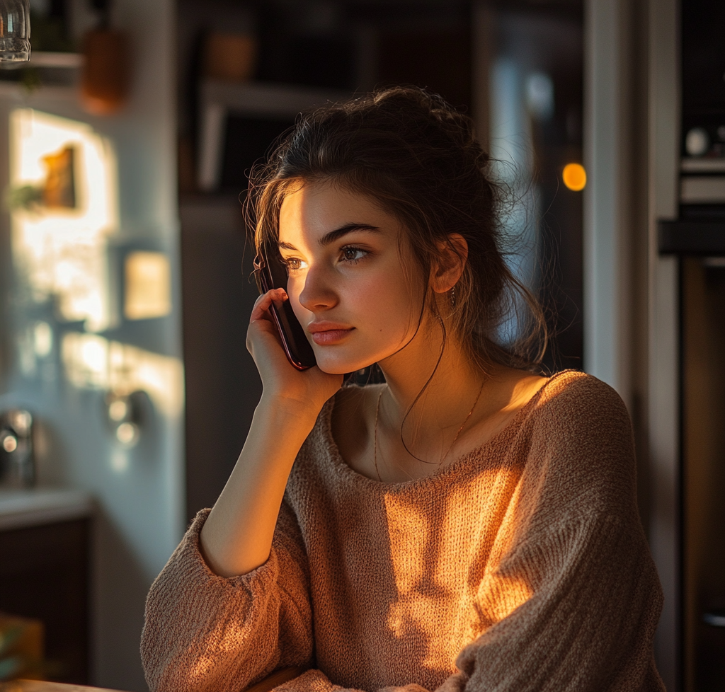 Femme dans sa cuisine en train de passer un appel téléphonique | Source : Midjourney