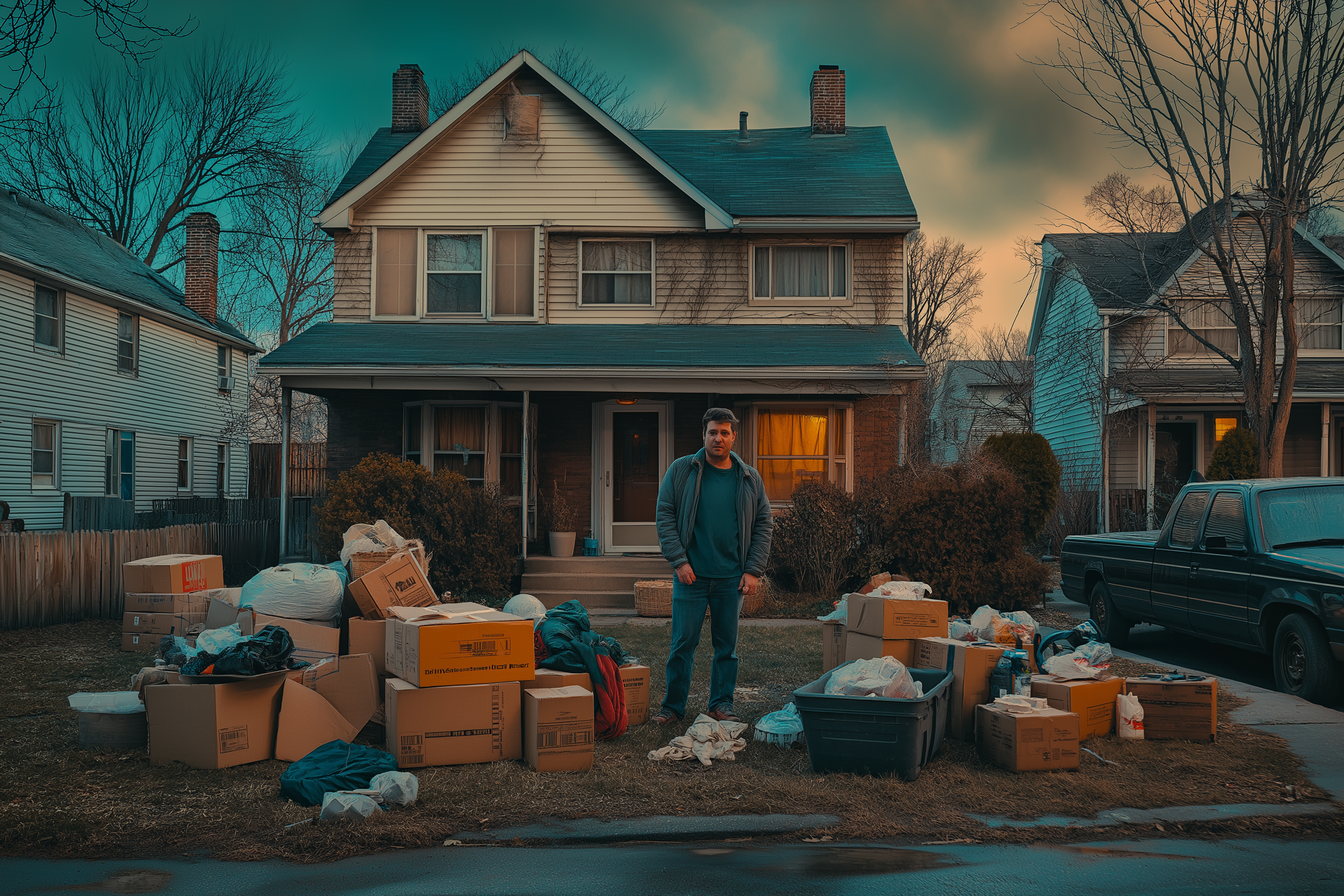 Un homme sur une cour avant avec des objets sur le sol | Source : Midjourney