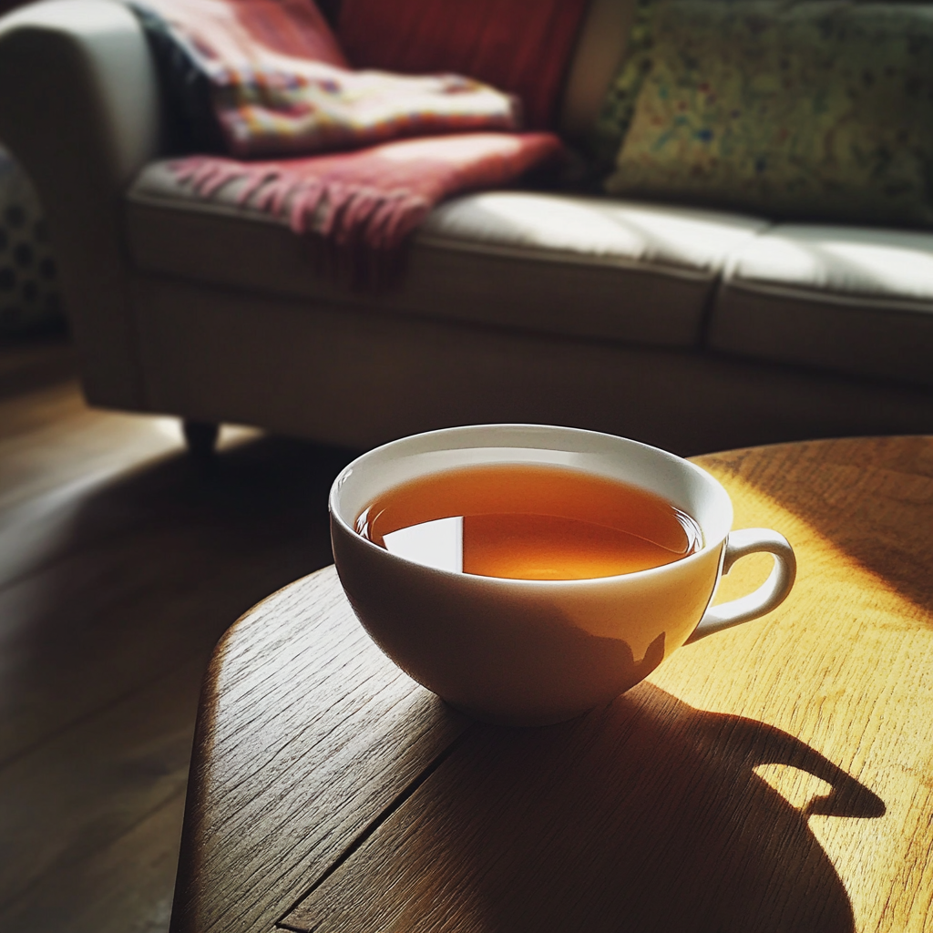 Une tasse de thé sur une table basse | Source : Midjourney