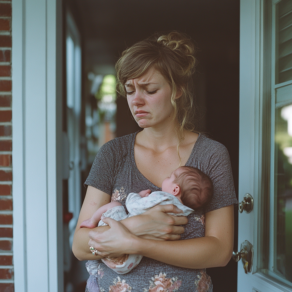 Une femme bouleversée portant un bébé | Source : Midjourney