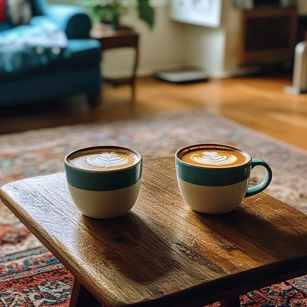 Deux tasses de café sur une table basse | Source : Midjourney