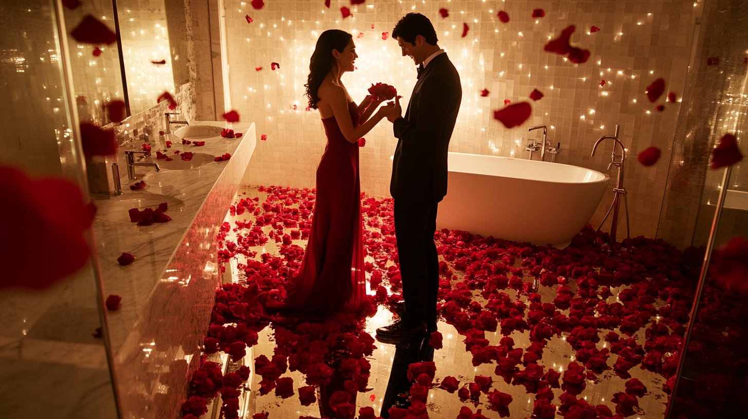 Un couple debout dans une salle de bain | Source : Midjourney