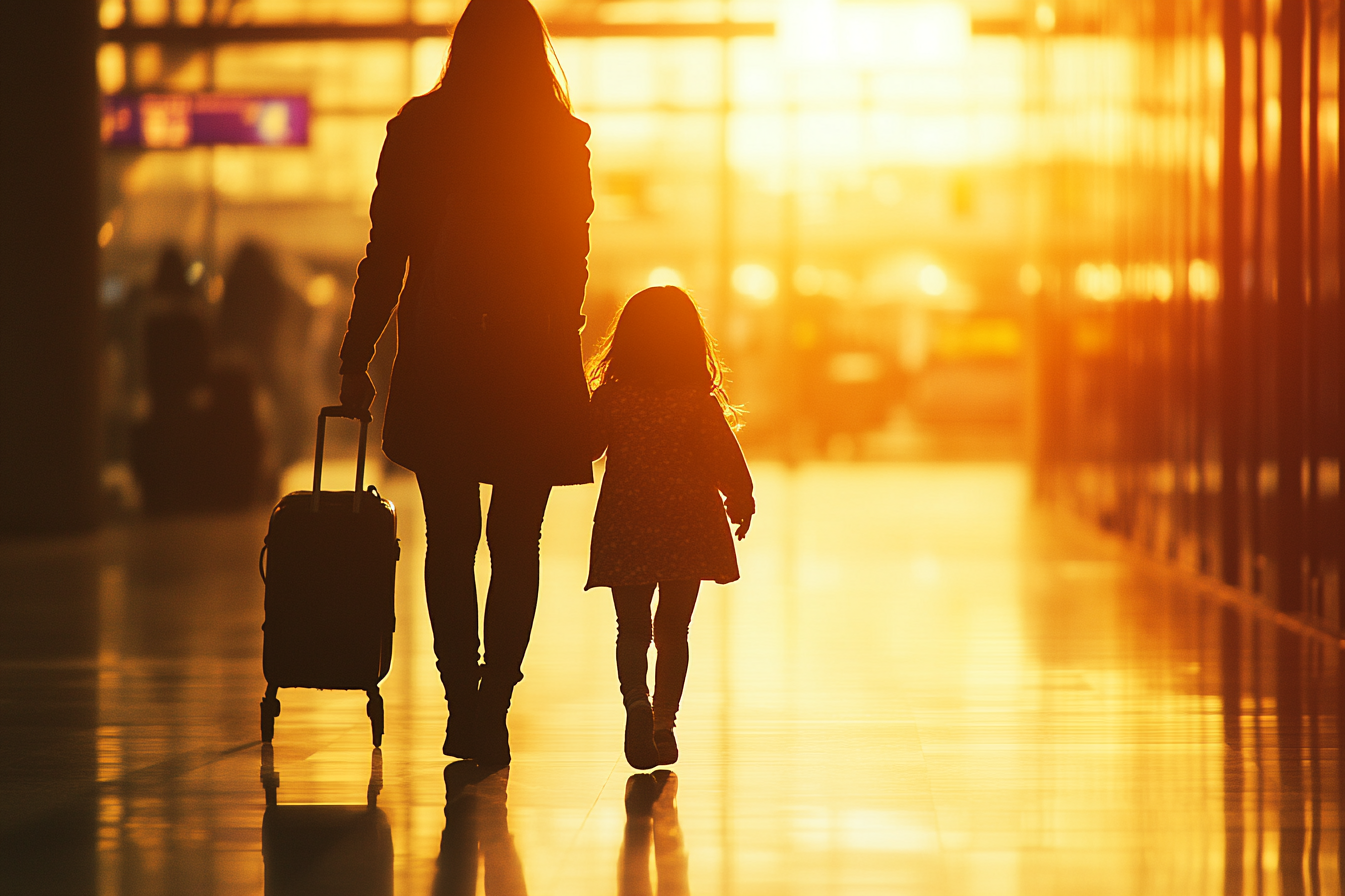 Dame avec une petite fille quittant un aéroport | Source : Midjourney