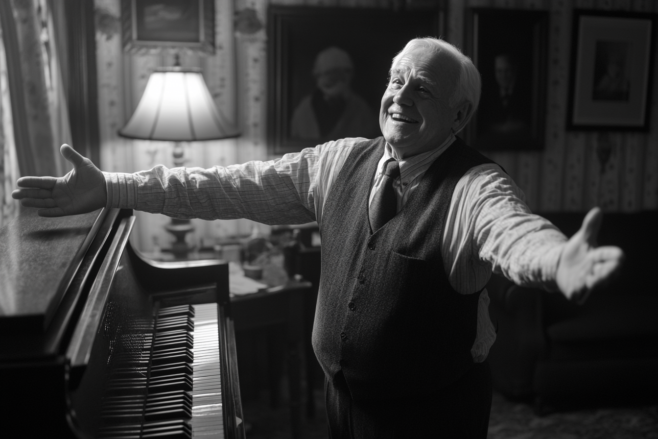 Nuances de gris d'un homme âgé souriant près d'un piano | Source : Midjourney