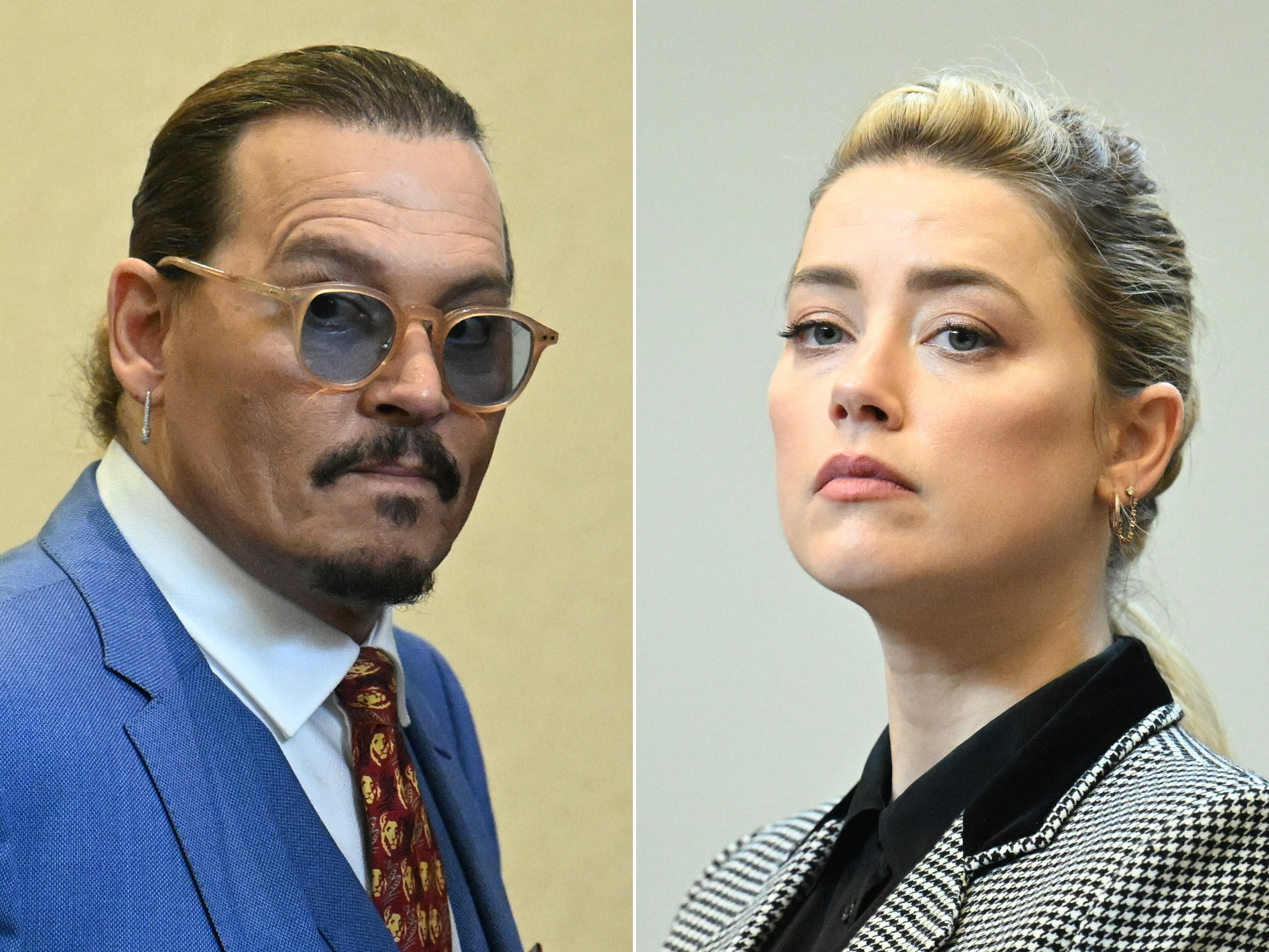 Une combinaison de photos, créée le 1er juin 2022, montre Johnny Depp assistant au procès au palais de justice du comté de Fairfax en Virginie le 24 mai 2022 et Amber Heard regardant dans la même salle d'audience le même jour. | Source : Getty Images