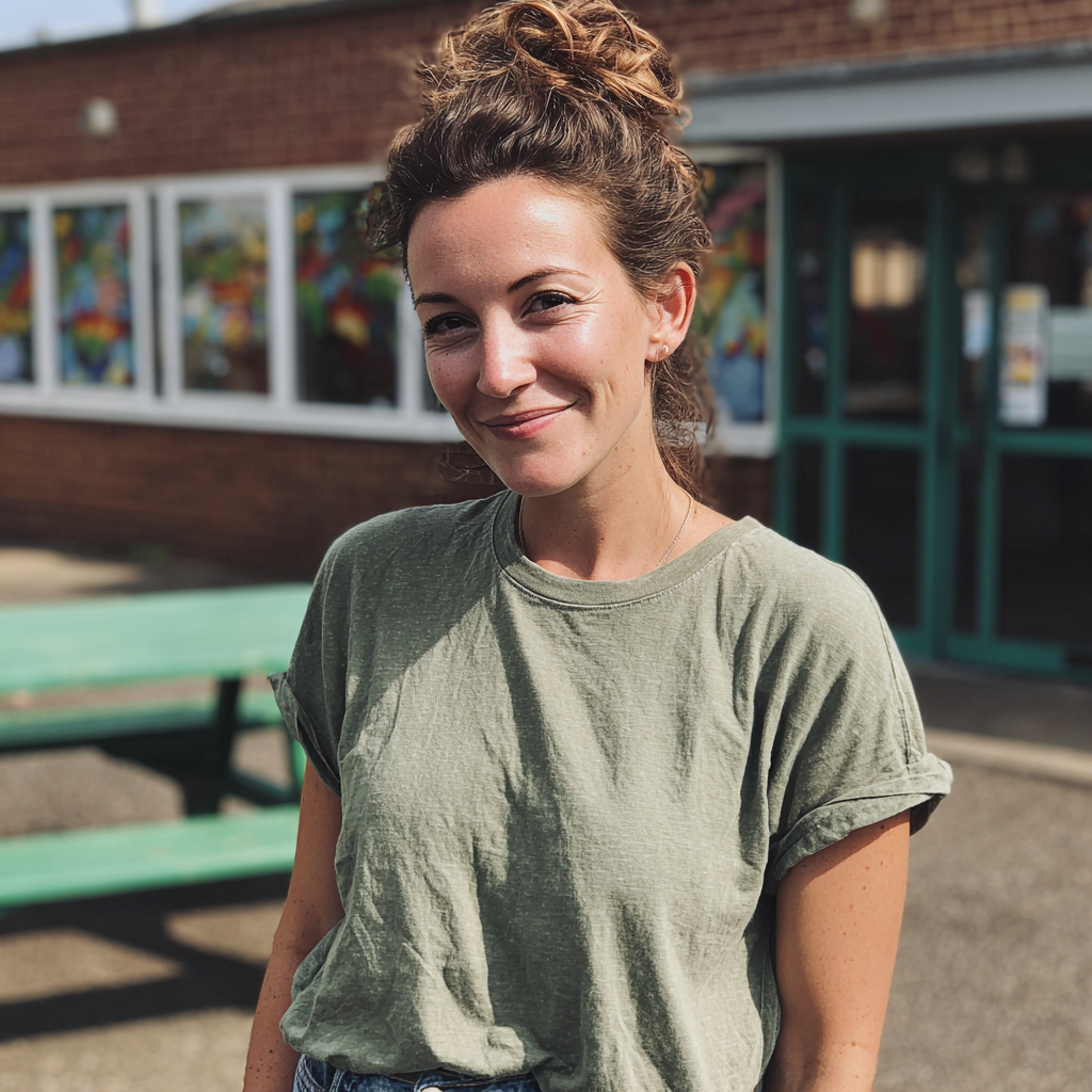Une femme souriante se tenant devant une école | Source : Midjourney