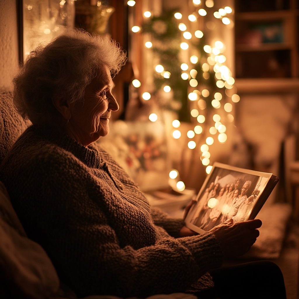 Une femme souriante regardant une photo de famille | Source : Midjourney