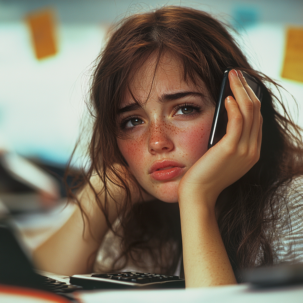 Une femme lors d'un appel téléphonique | Source : Midjourney