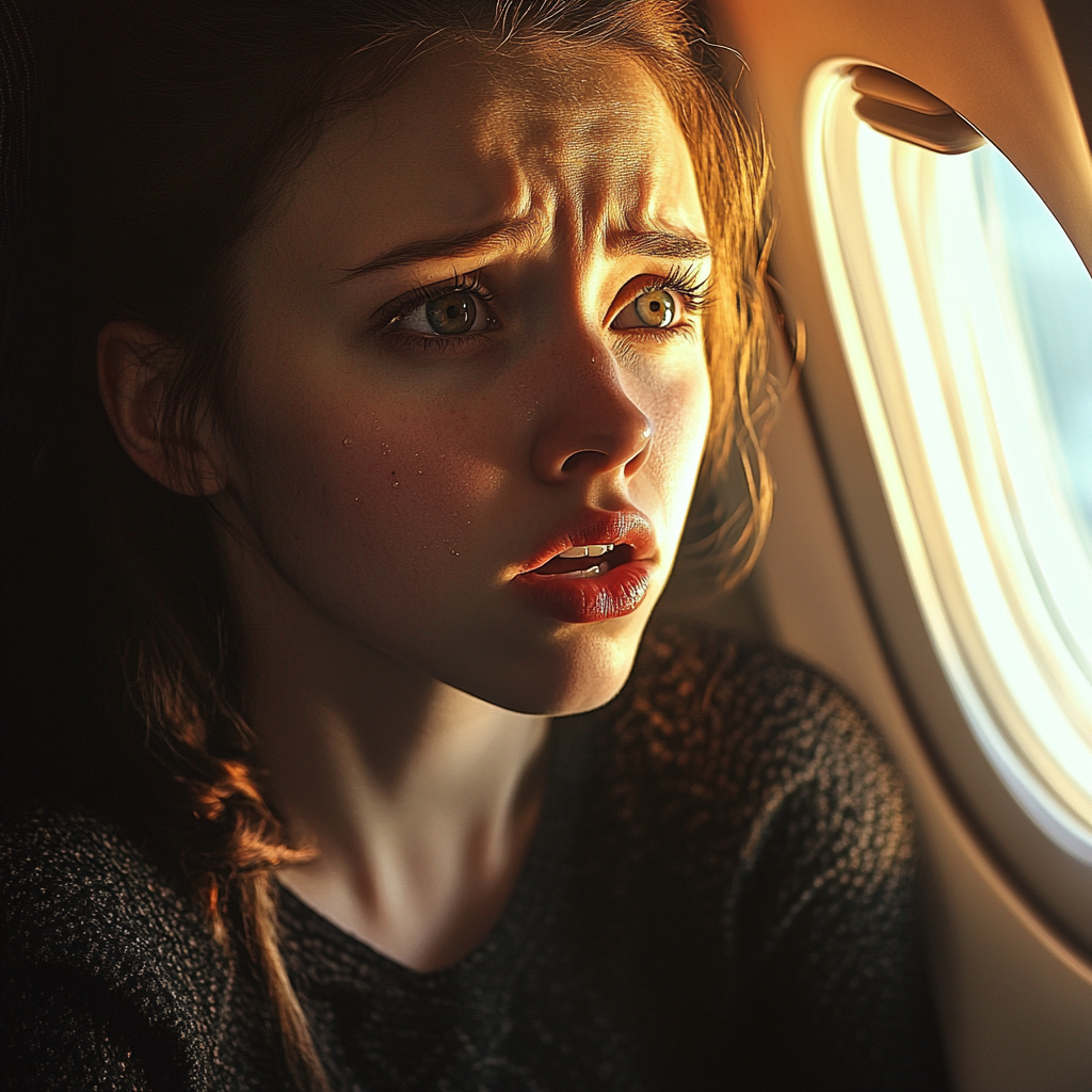 Une femme effrayée aux yeux pleins de larmes dans un avion | Source : Midjourney