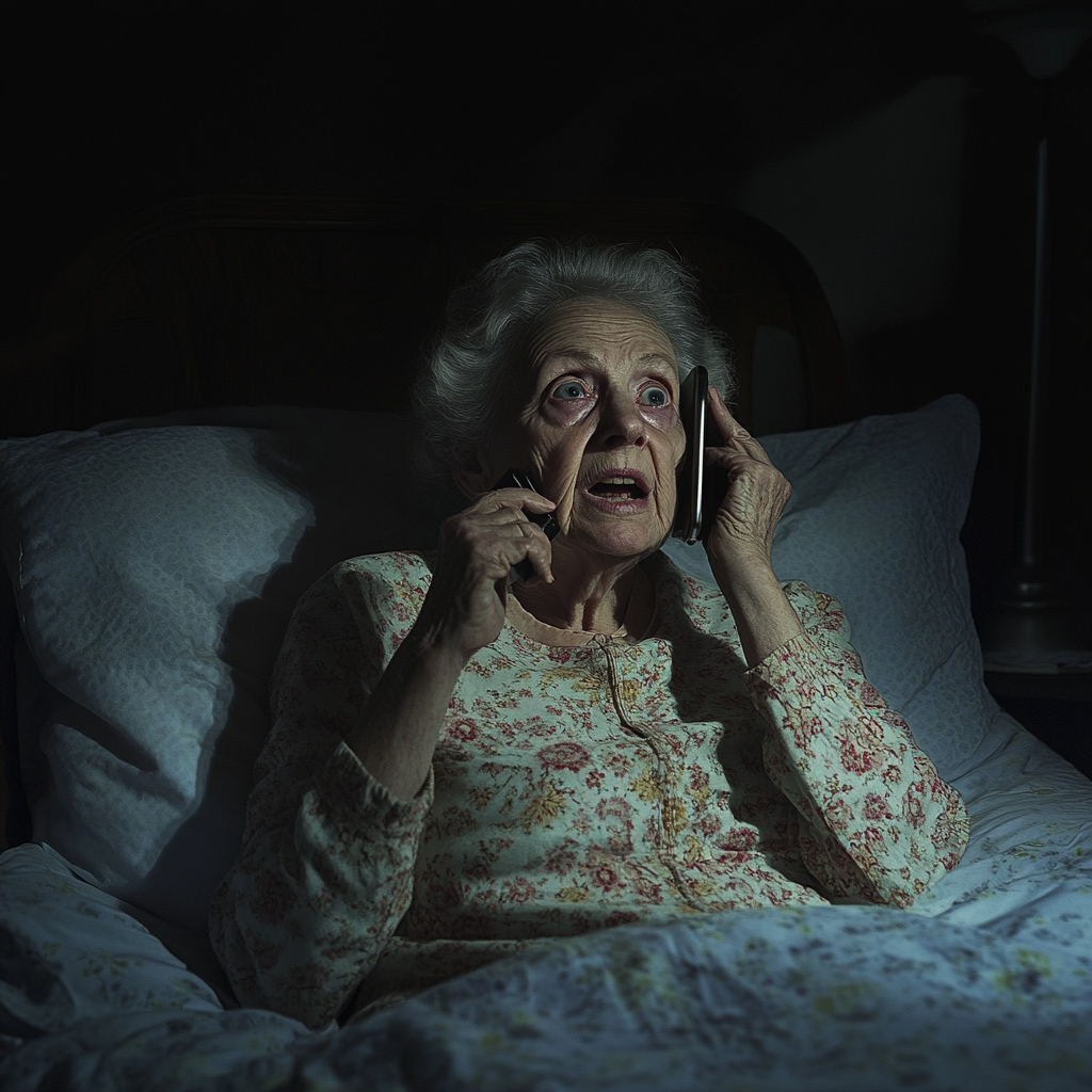 A scared elderly woman talking on the phone | Source: Midjourney