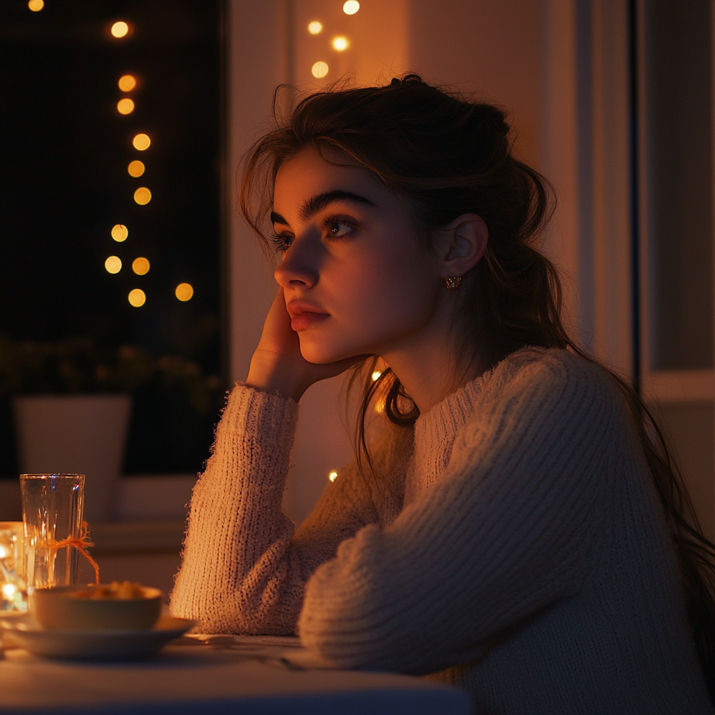 Une femme sérieuse à table | Source : Midjourney