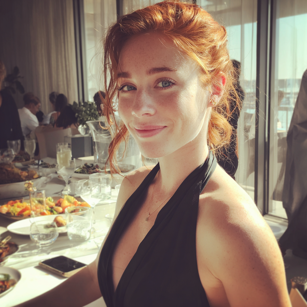 Une femme souriante assise à une table | Source : Midjourney