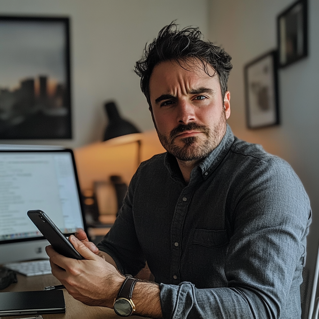 Un homme confus assis à son bureau | Source : Midjourney