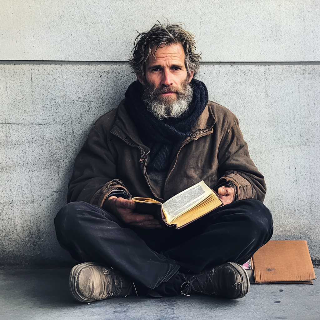 A homeless man sitting on a sidewalk | Source: Midjourney