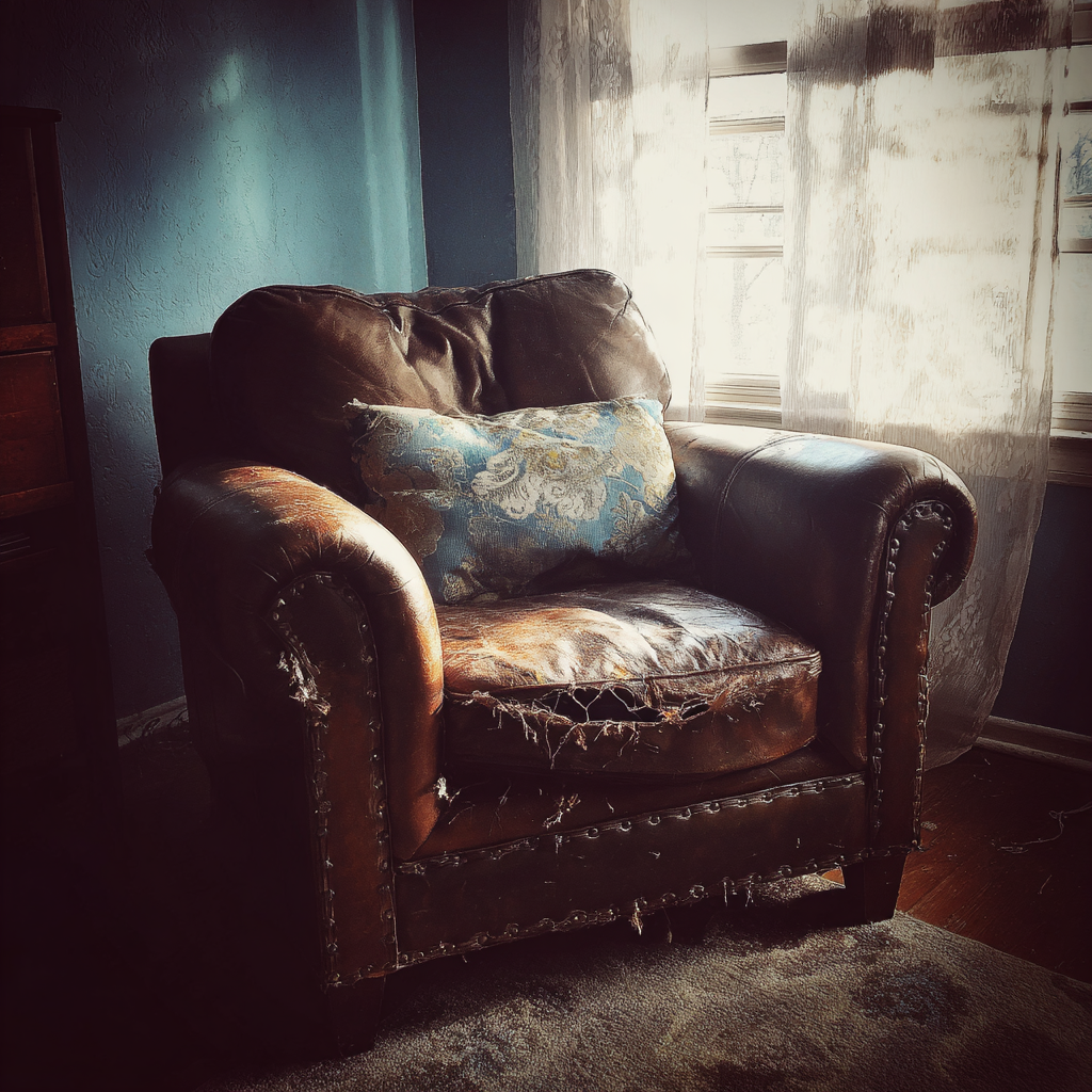Une chaise en cuir endommagée | Source : Midjourney