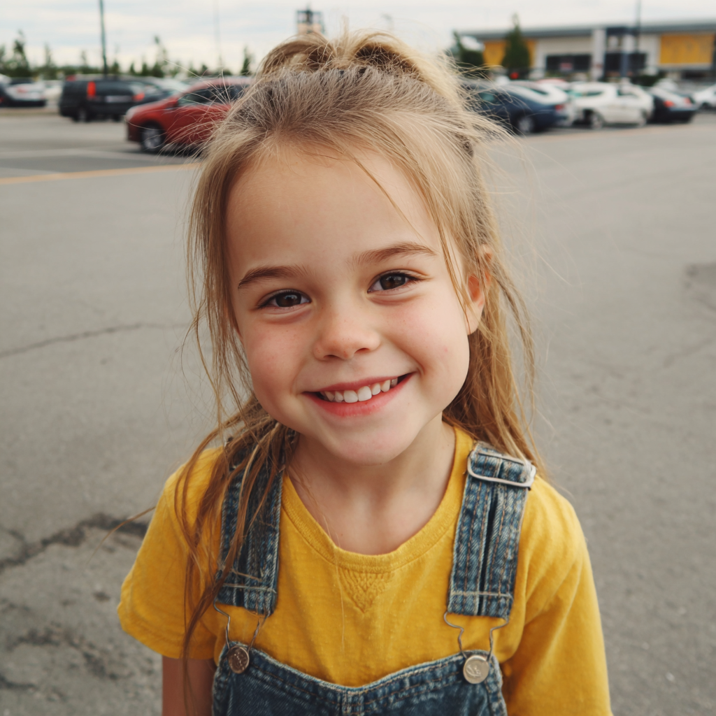Une petite fille souriante debout dans un parking | Source : Midjourney