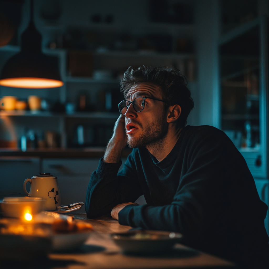 Un homme choqué assis à la table de la cuisine | Source : Midjourney