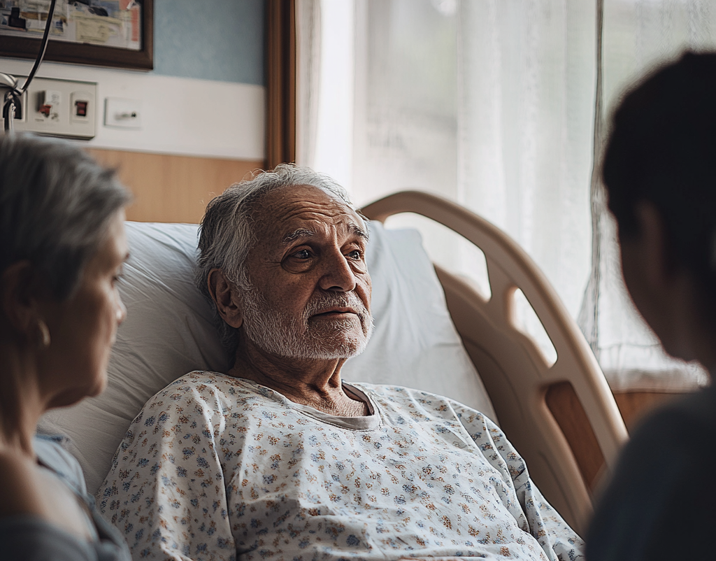 Un vieil homme hospitalisé parle à sa famille | Source : Midjourney